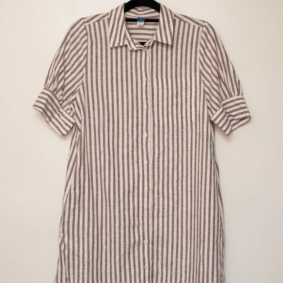 Old Navy Brown and White Striped Shirt Dress - Picture 2 of 5